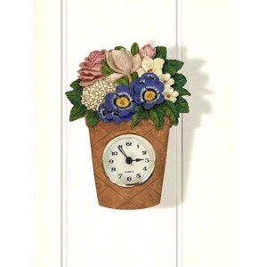 Wall Clock In Flower Pot Design With Multicolor Flowers Decorative Timepiece